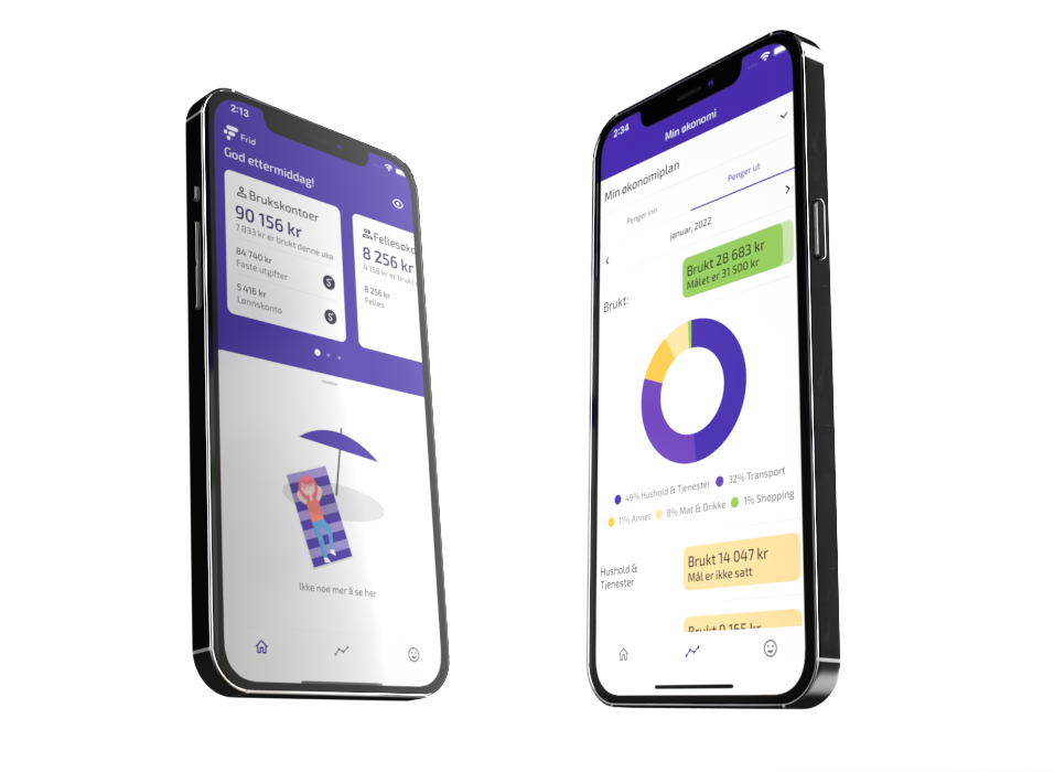 Mockup av Frid-applikasjonen på to mobiltelefoner